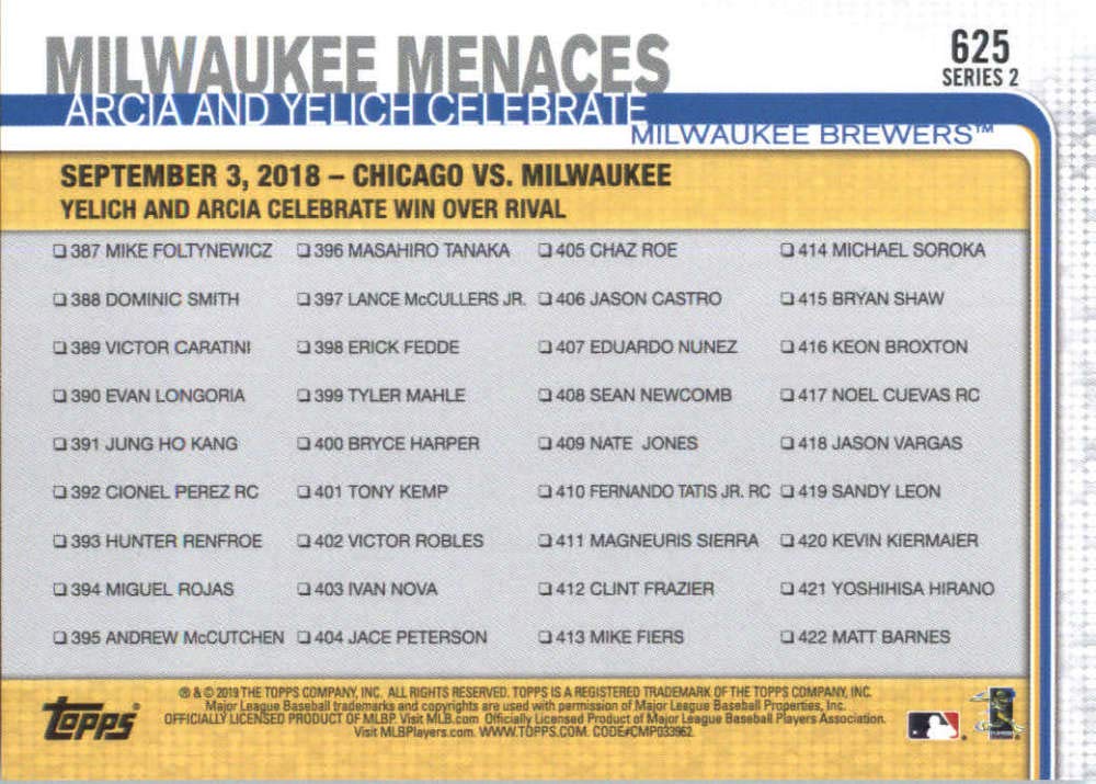 2019 Topps #625 Christian Yelich & Orlando Arcia Milwaukee Brewers Baseball Card - MLB Collectible, Sports Memorabilia for Fans & Card Collectors (Perfect for Display, Trading, or Investment)