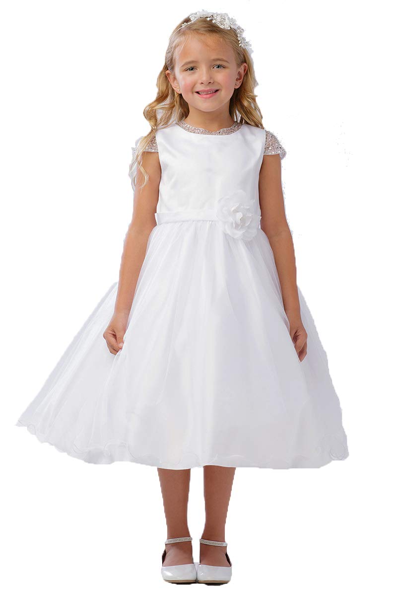 Tip Top Kids 5729 Girls White Beaded Mesh Sleeve & Neckline Tulle Party Dress for Birthday, Pageant, Flower Girl & Special Occasions