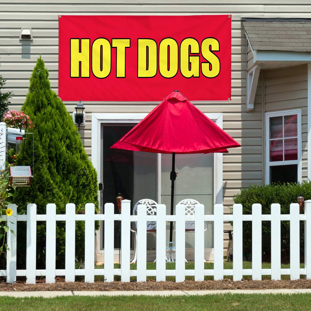 Hot Dogs Food Fair Vinyl Banner - Weatherproof Outdoor Restaurant & Business Promotion Sign (24x36 Inches, 4 Grommets, Red) - Perfect for Yard Sales, Food Trucks, and Outdoor Events