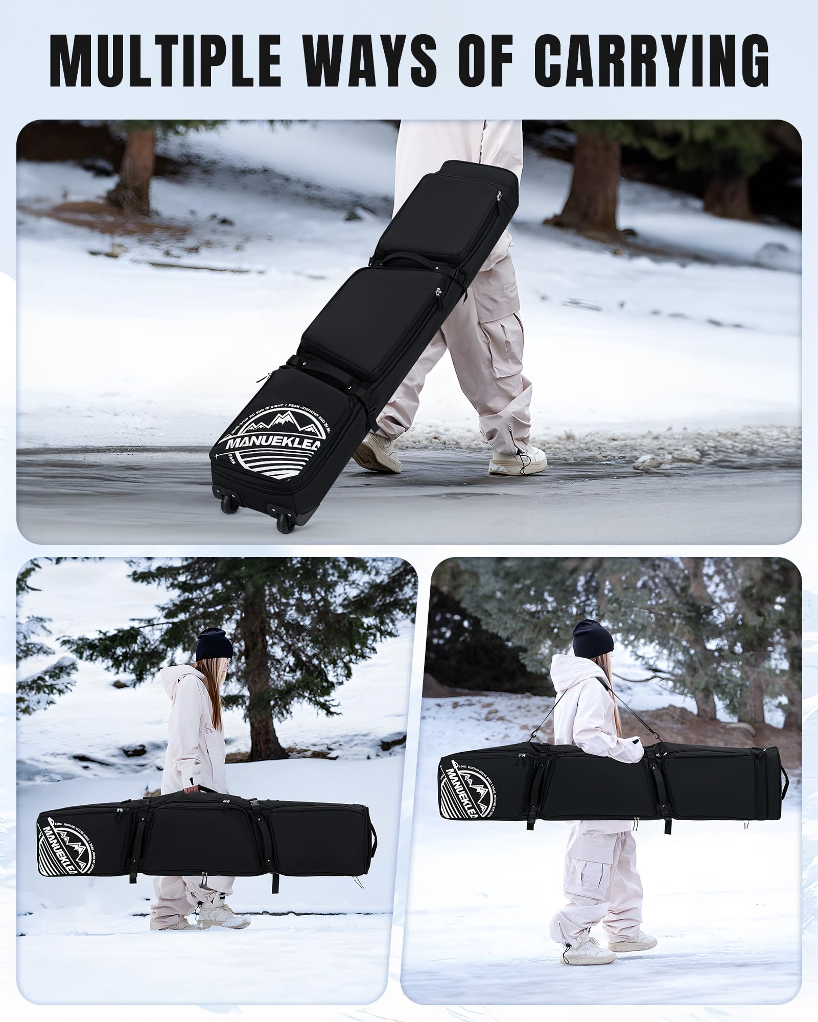 MANUEKLEAR Rolling Ski Travel Bag - Waterproof & Durable Snowboard Carrier for Skis 170-190cm with Wheels, Padded Protection & Detachable Shoulder Straps | Perfect for Air Travel, Mountain Resorts & Winter Sports Gear Storage