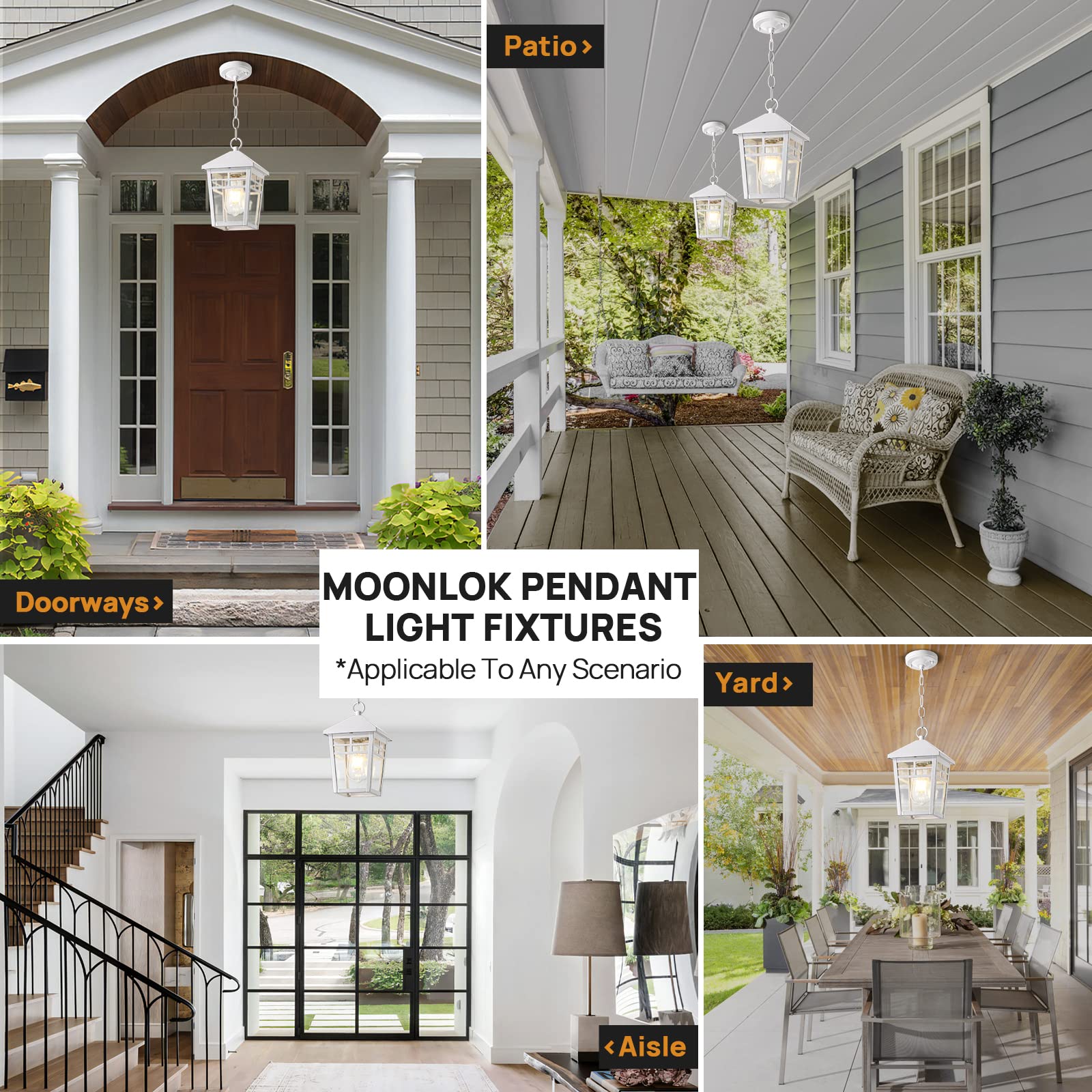 Waterproof White Outdoor Pendant Light Fixture with Seeded Glass & Adjustable Chain - Hanging Porch Lantern for Entryway, Doorway, Patio & Garden Decor