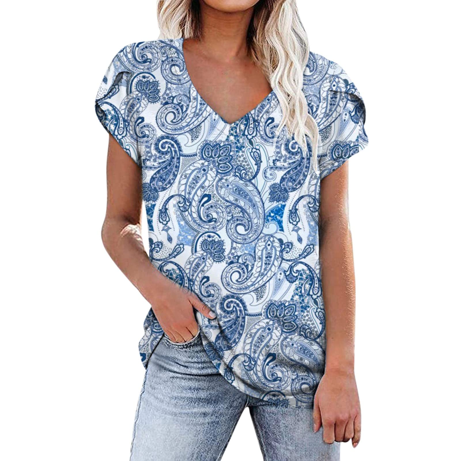 Women's Summer Short Sleeve V-Neck Floral Print Casual T-Shirt - Loose Fit Comfortable Athletic Top for Outdoor Activities, Travel & Everyday Wear