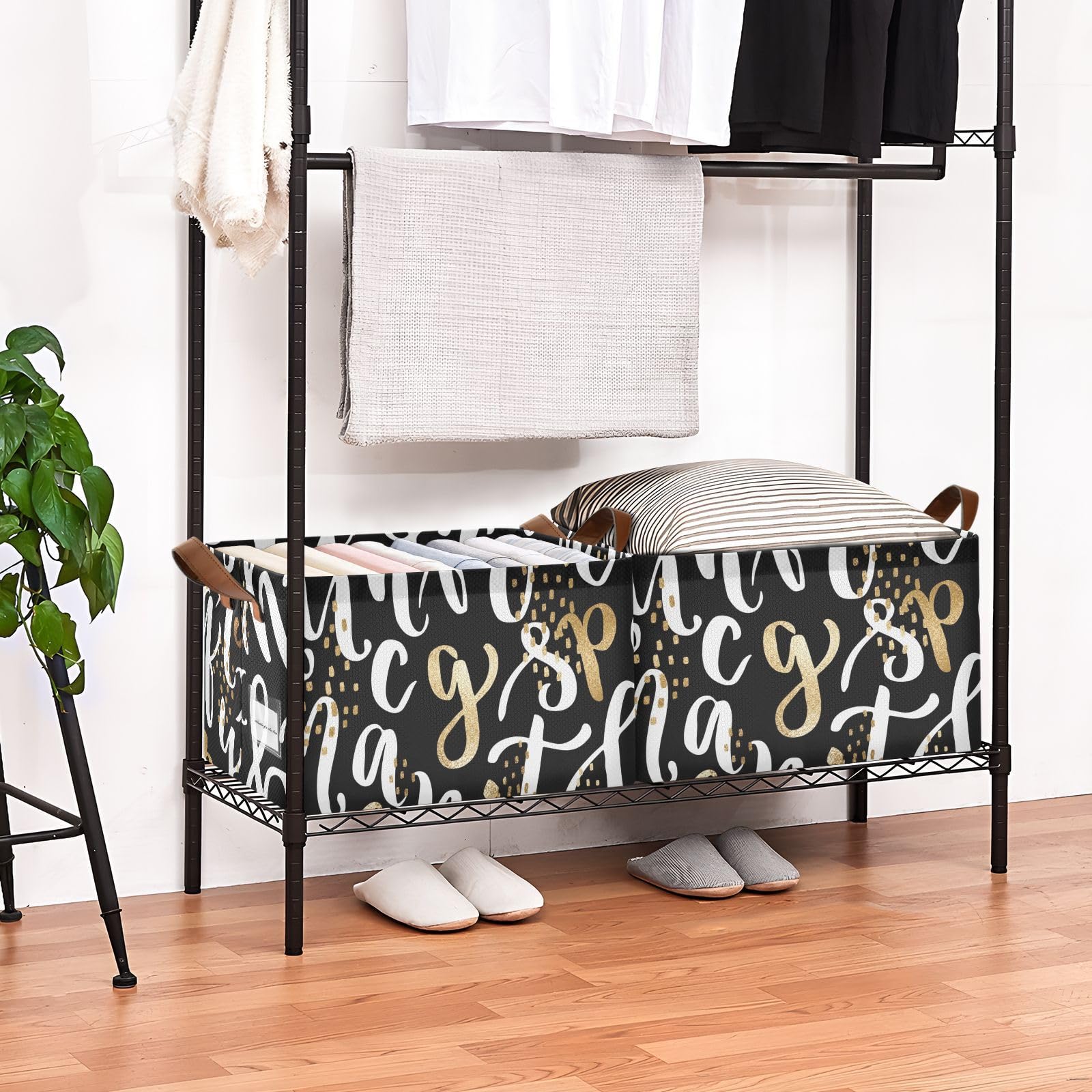 Premium White Gold Letter Fabric Collapsible Storage Baskets - 2 Pack Foldable Organizer Bins with Handles for Laundry, Bedroom & Living Room | Space-Saving Closet Organization & Home Decor Solution