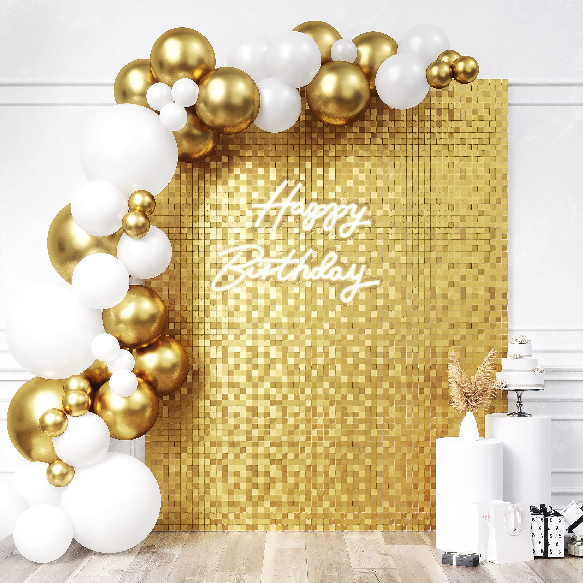 HOUSE OF PARTY Matte Gold Satin Sequin Wall Backdrop - 24 Panels Square Shimmer Backdrop for Birthday Decorations, Wedding & Graduation Party Supplies | Perfect for Photo Booths, Stage Decor, and Event Backgrounds