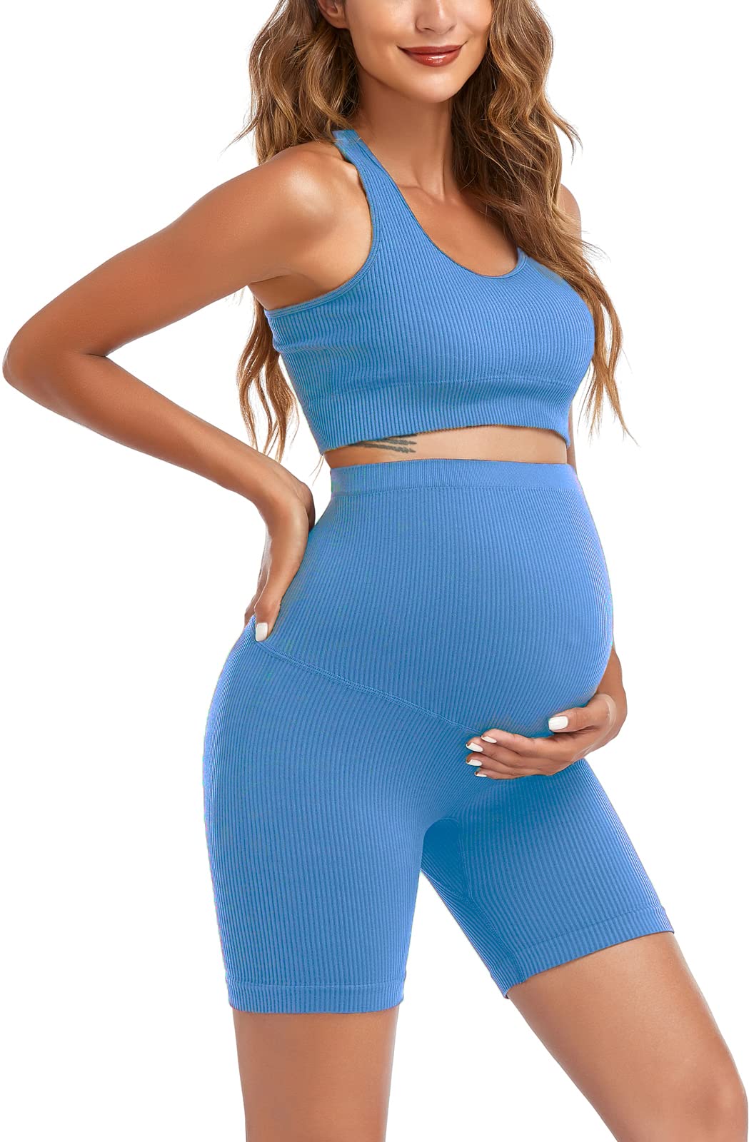 Women's Maternity 2-Piece Outfit Set - Comfortable Nursing Bra & Stretchy Shorts for Pregnancy - Yoga, Workout & Lounge Wear - Perfect for Prenatal Exercise, Relaxing at Home & Breastfeeding