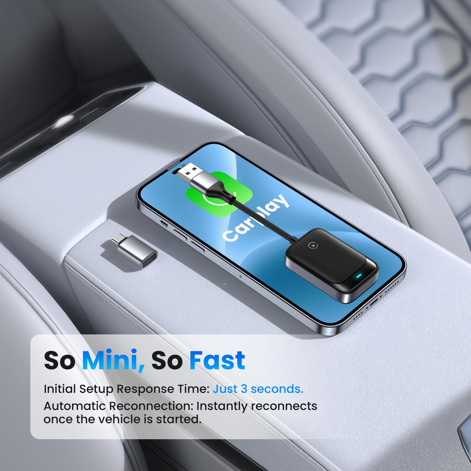 Wireless CarPlay Adapter for iPhone - Convert Wired to Wireless Apple CarPlay - Compatible with iOS 10+ & Cars 2016+ - Mini Size Plug & Play - Stable Connection for Commuting & Road Trips