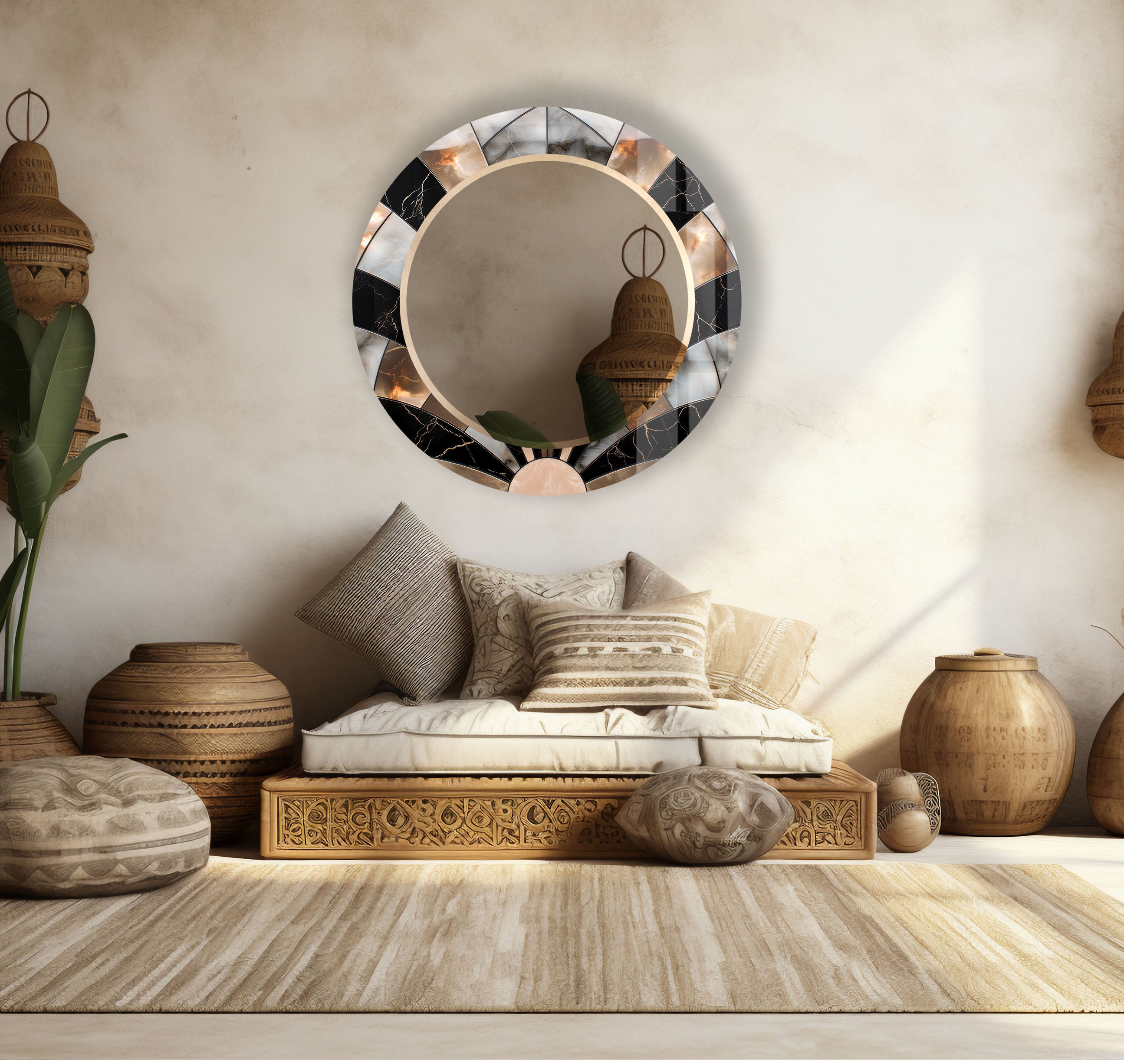 Elegant Black Marble Round Wall Mirror with Sunburst Frame - Perfect for Living Room, Bedroom, and Bathroom Decor