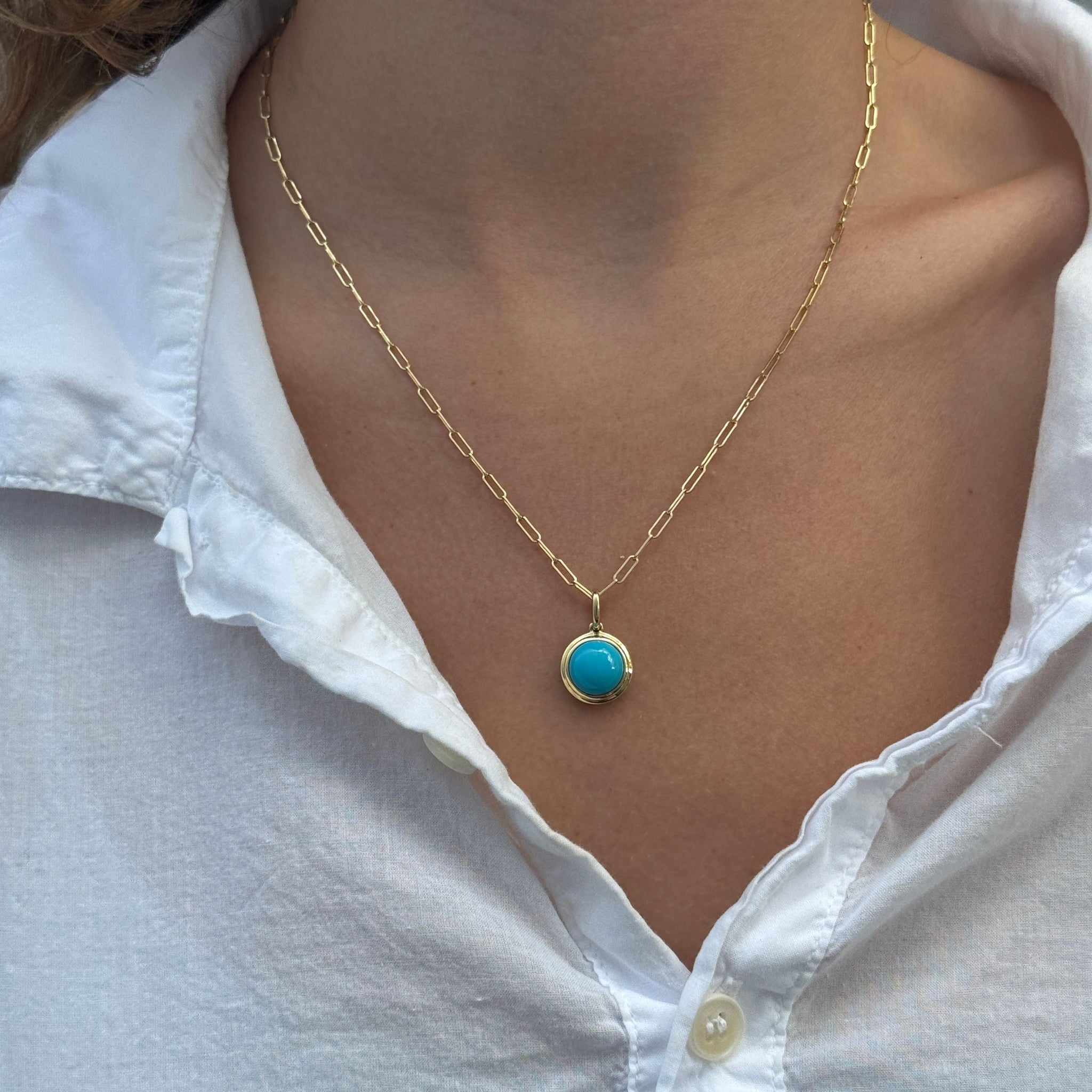 Goshwara Round Cabochon Turquoise 18K Gold Pendant Necklace - Elegant Handmade Jewelry for Women, Perfect for Weddings & Special Occasions