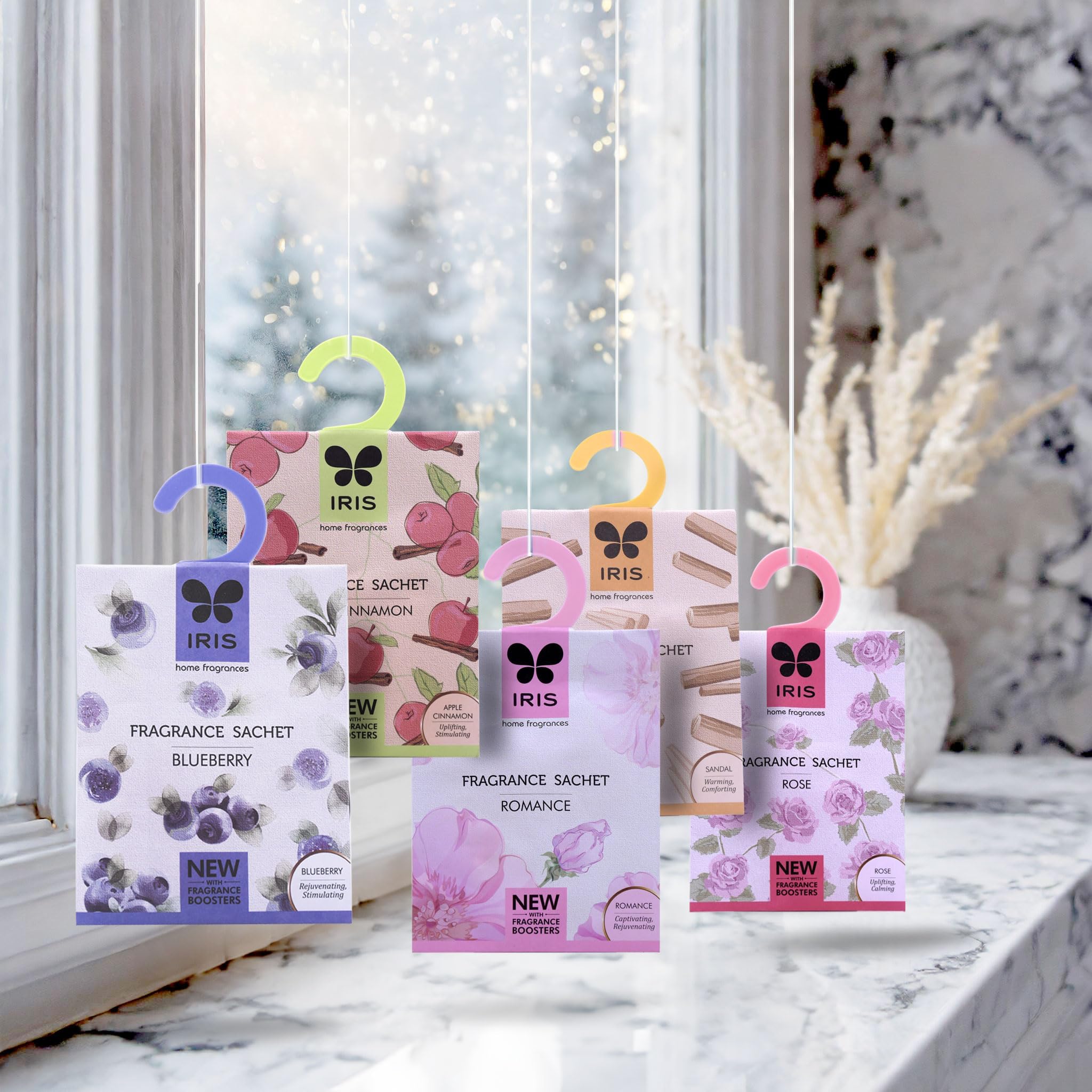 IRIS Home Fragrance Sachets - 5 Pack (10g Each) - Apple Cinnamon, Romance, Sandalwood, Blueberry & Lavender Scents - Natural Air Freshener for Closet, Drawer, Car, Luggage & Small Spaces | Long-Lasting Aroma for Home, Office & Travel