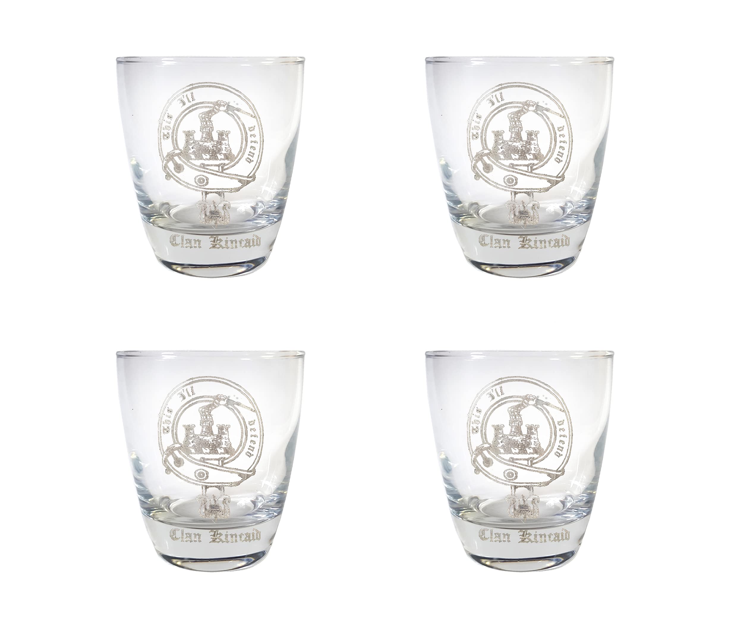 Clan Kincaid Scottish Crest Whiskey Glasses Set of 4 - 10oz Lowball Rocks Glasses with Free Personalized Engraving - Perfect for Scotch Tasting, Gift Giving & Home Bar Decor