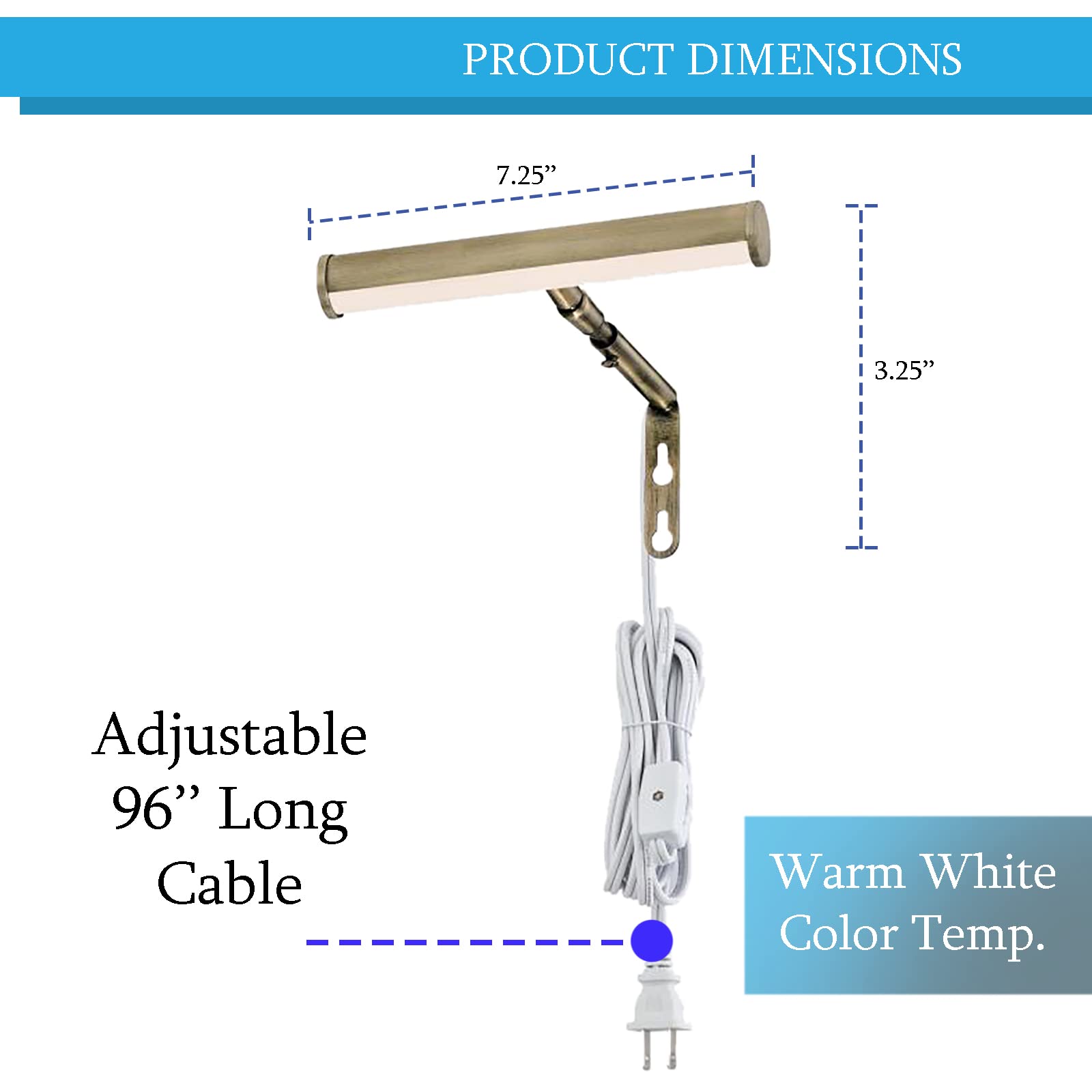Ciata Adjustable 7-Inch Integrated LED Picture Light - 15W Artwork Lighting with E12 Candelabra Base & On/Off Switch - Antique Brass Wall Frame Light for Paintings, Photos & Home Decor