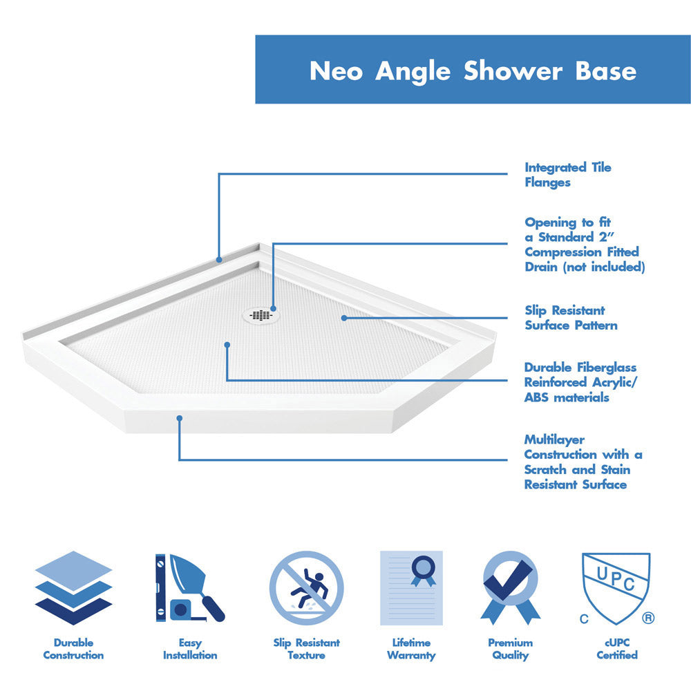 DreamLine 40x40x76.75 Inch Neo Angle Shower Base with QWALL 4 Acrylic Backwall Kit - Space Saving Corner Shower Enclosure for Small Bathrooms and Modern Homes