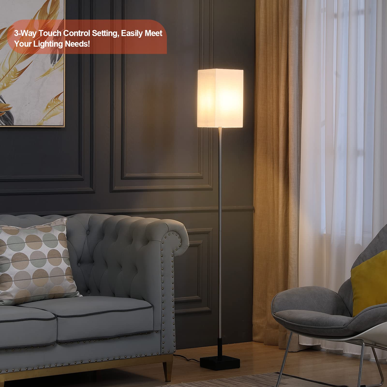 3-Way Touch Control Dimmable Floor Lamp with Sturdy Marble Base & Brushed Nickel Finish - Adjustable Standing Lamp with Square Linen Shade for Living Room, Bedroom, Office - Includes LED Bulb for Home Decor & Ambient Lighting