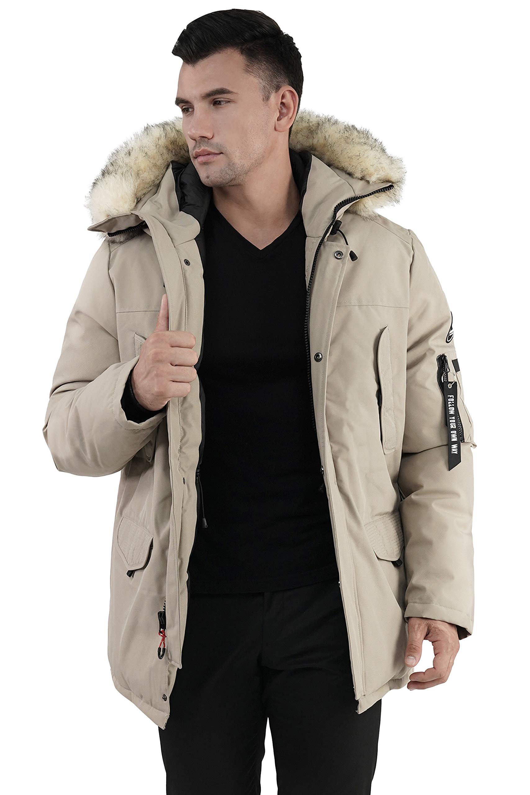 Men's Vegan Down Winter Jacket - Thickened Lined Fur Hooded Long Anorak Parka Coat (XS-3XL) | Eco-Friendly Warm Padded Coat for Hiking, Skiing & Cold Weather