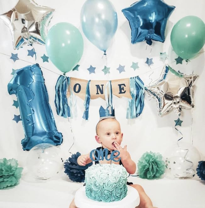 Baby Boy 1st Birthday Decorations Set - Silver & Blue Crown & High Chair Banner for Cake Smash Party - Happy Birthday ONE Burlap Sign - Perfect for First Birthday Photos, Cake Smash Sessions & Milestone Celebrations