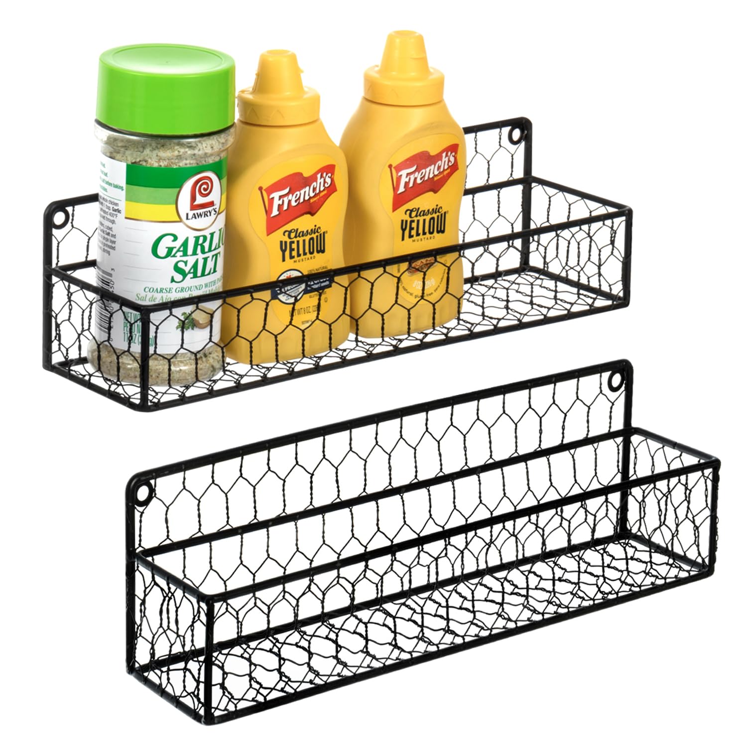 MyGift 12-Inch Black Wall Mount Spice Rack Organizer - Set of 2 Chicken Wire Kitchen Shelves for Spices, Condiments & Seasonings | Perfect for Small Kitchen Organization, Pantry Storage & Cooking Space Saving