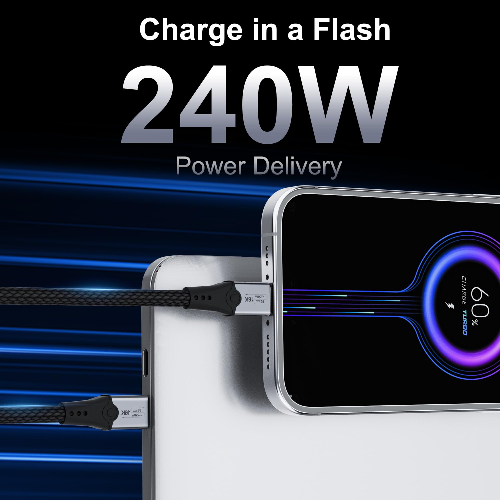 80Gbps USB C to USB C Cable 6.6ft - Thunderbolt 5/4/3 Compatible, 240W Fast Charging & 16K/Dual 8K Video - High-Speed Data Transfer for MacBook Pro, Dell XPS, iPad Pro - Perfect for Gaming, 4K Editing & Multi-Monitor Setup