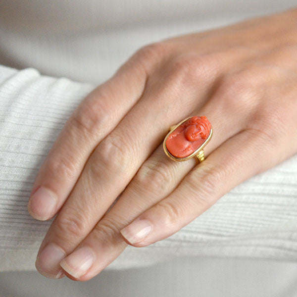 Victorian 18K Gold Carved Natural Coral Cameo Ring - Elegant Antique Jewelry for Women, Perfect for Weddings, Anniversaries & Special Occasions