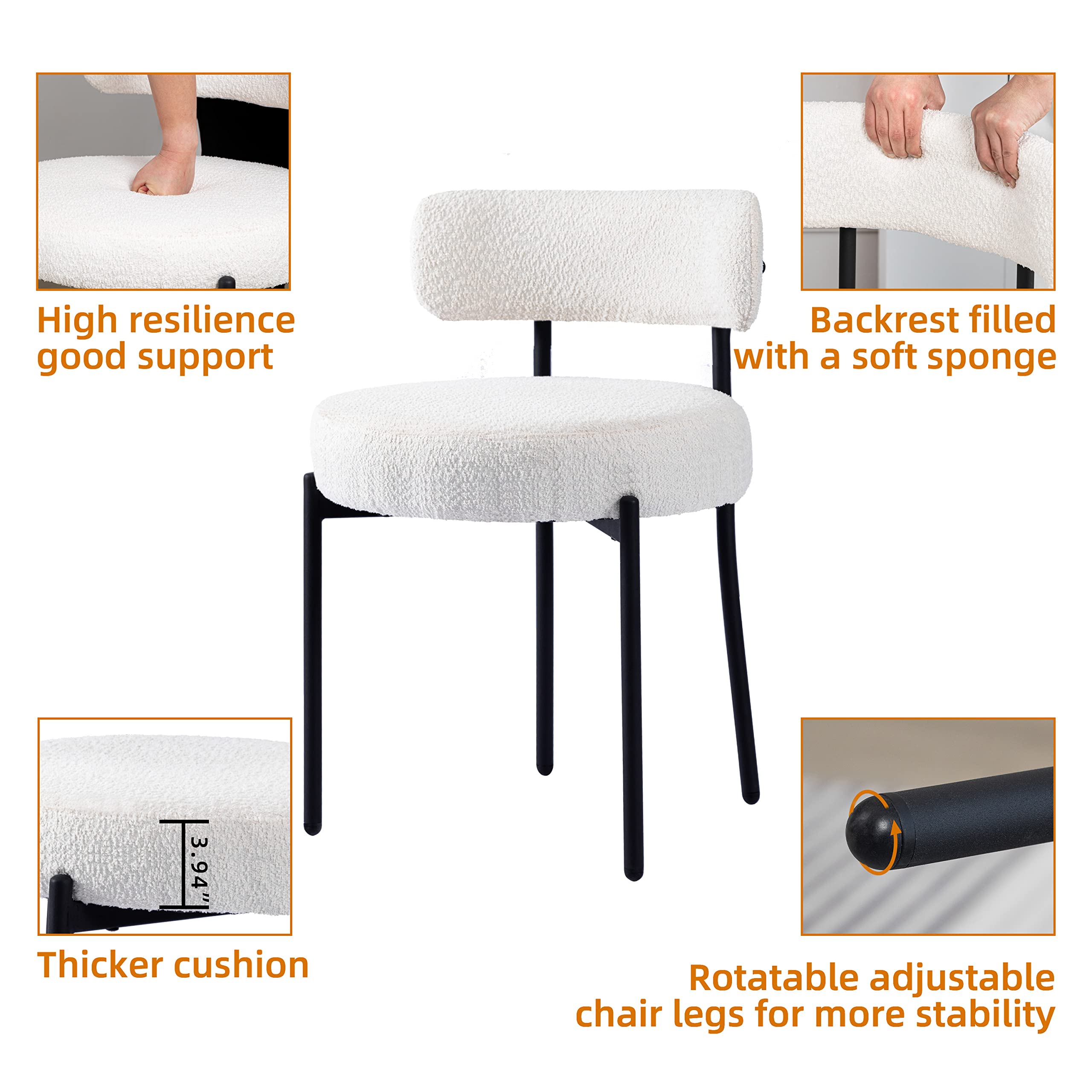 DYHOME White Boucle Dining Chairs Set of 4 - Modern Upholstered Kitchen & Dining Room Chairs with Thick Cushions & Sturdy Metal Legs - Perfect for Kitchen, Living Room, Breakfast Nook & Small Space Dining Areas