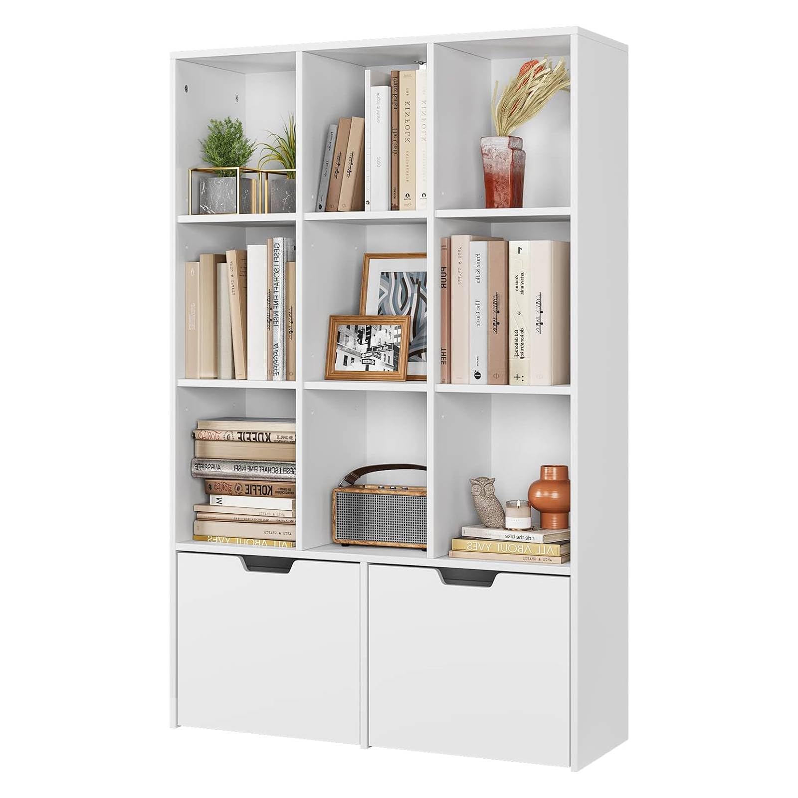 Modern 9-Cube White Bookshelf with 2 Large Drawers - Free Standing Storage Cabinet Organizer for Books, Toys & Home Decor - Perfect for Living Room, Office, Study & Kids' Bedroom Organization