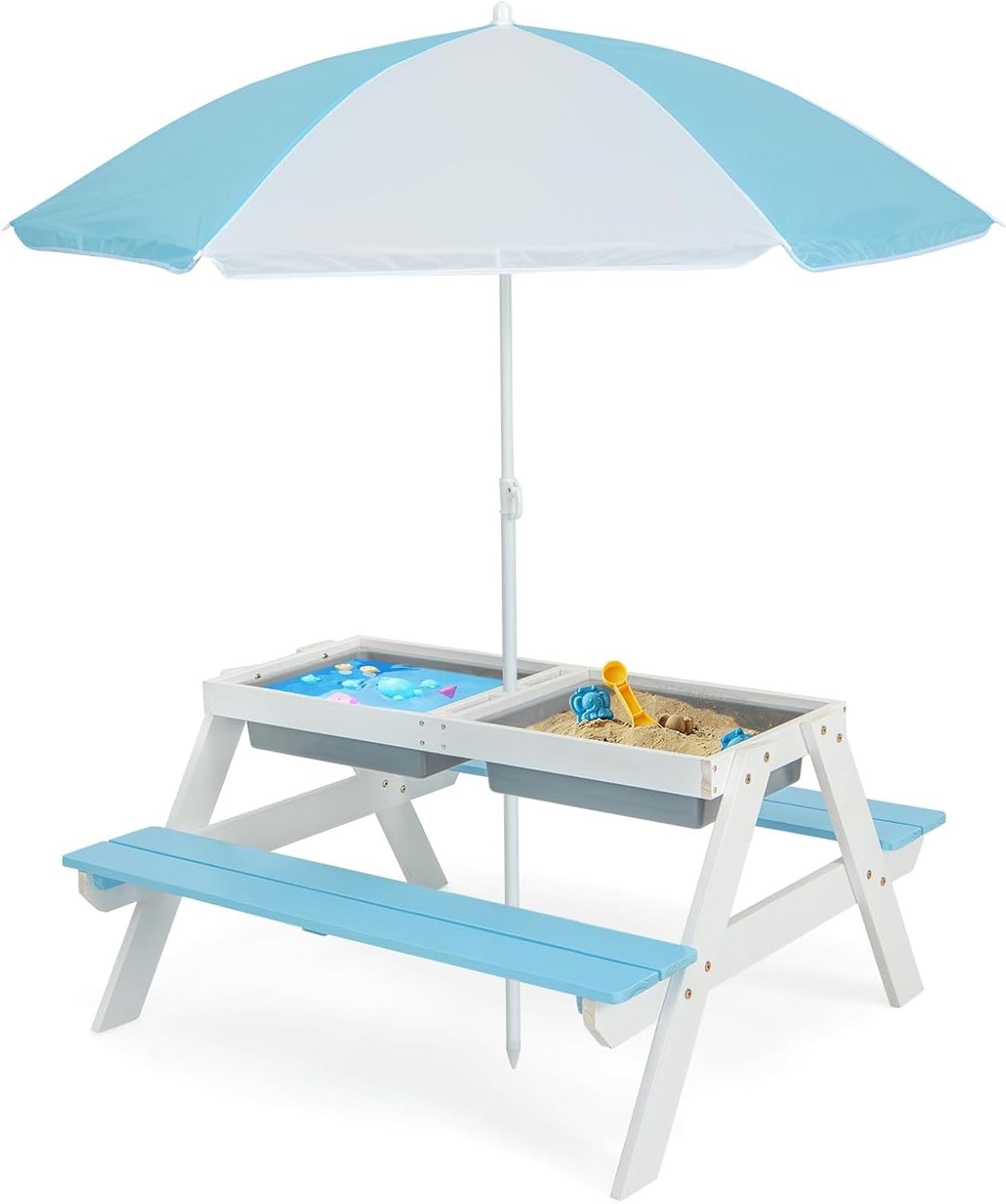 Olakids 4-in-1 Kids Picnic Table Set - Outdoor Wooden Toddler Activity Table with Sand & Water Play, Removable Umbrella & Bench Chairs - Perfect for Patio, Garden, Backyard & Playtime Fun