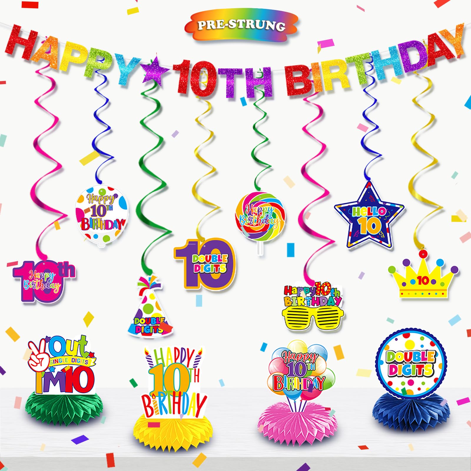 10th Birthday Party Decorations Kit for Girls & Boys - Happy 10th Birthday Banner, Swirls & Honeycomb Centerpieces - Double Digits Level Up Party Supplies for 10 Year Olds - Perfect for Classroom, Home & Outdoor Birthday Celebrations