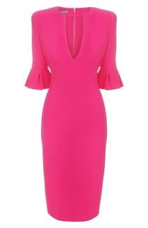 Elegant Ruffle Sleeve Wiggle Pencil Dress with V-Neckline - Perfect for Cocktail Parties, Date Nights & Office Wear