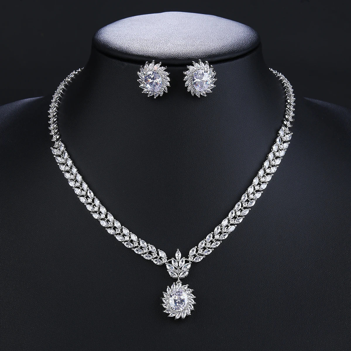 Elegant CZ Necklace and Earrings Jewelry Set - Bridal Wedding Party Jewelry - European Style Fashion Accessories for Women - Perfect for Weddings, Prom, Evening Dresses and Special Occasions