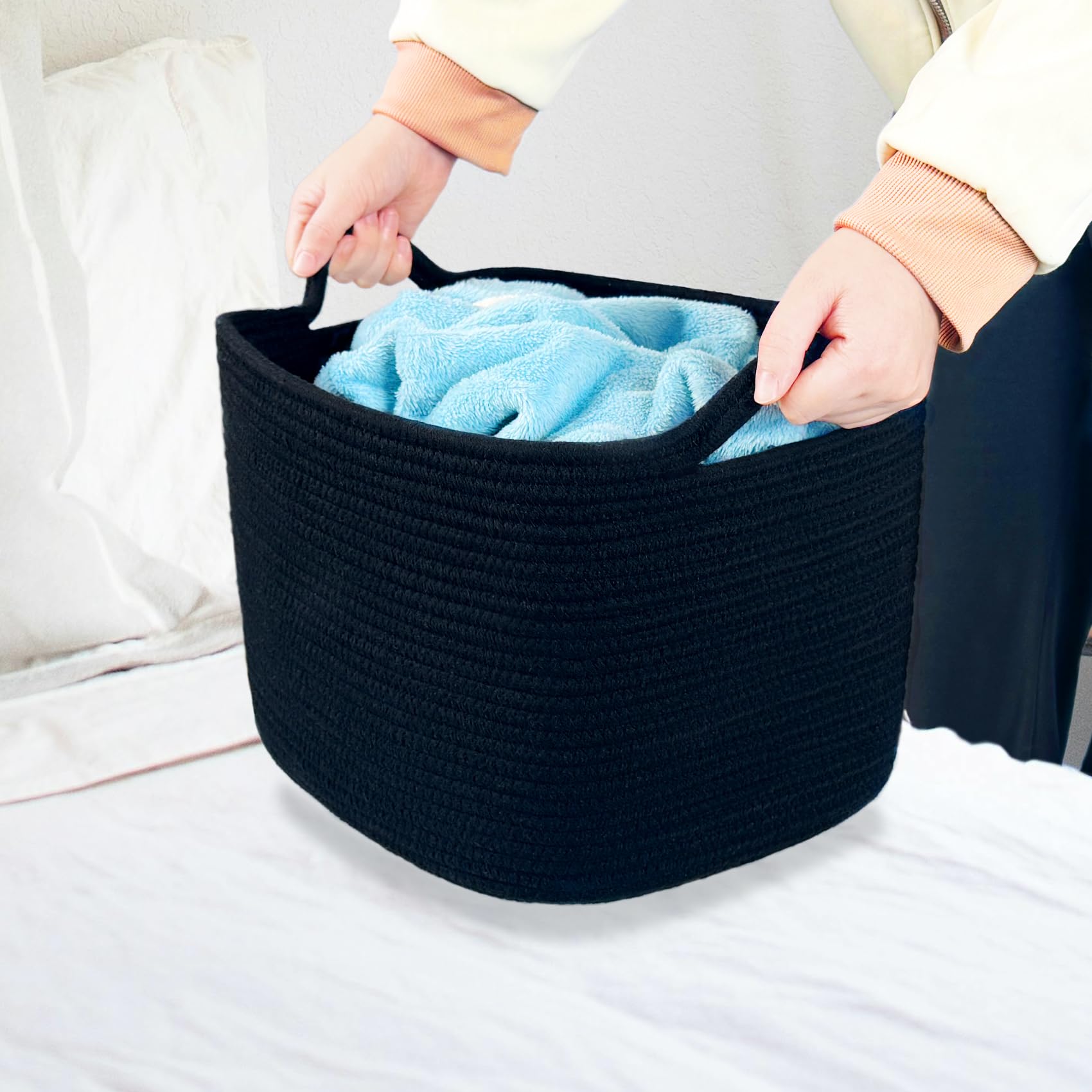 ABenkle Cotton Rope Storage Basket with Handles - 13.5x11x9.5 Inch Rectangular Decorative Organizer for Baby Nursery, Shelves & Closet - Perfect for Toys, Blankets and Home Organization
