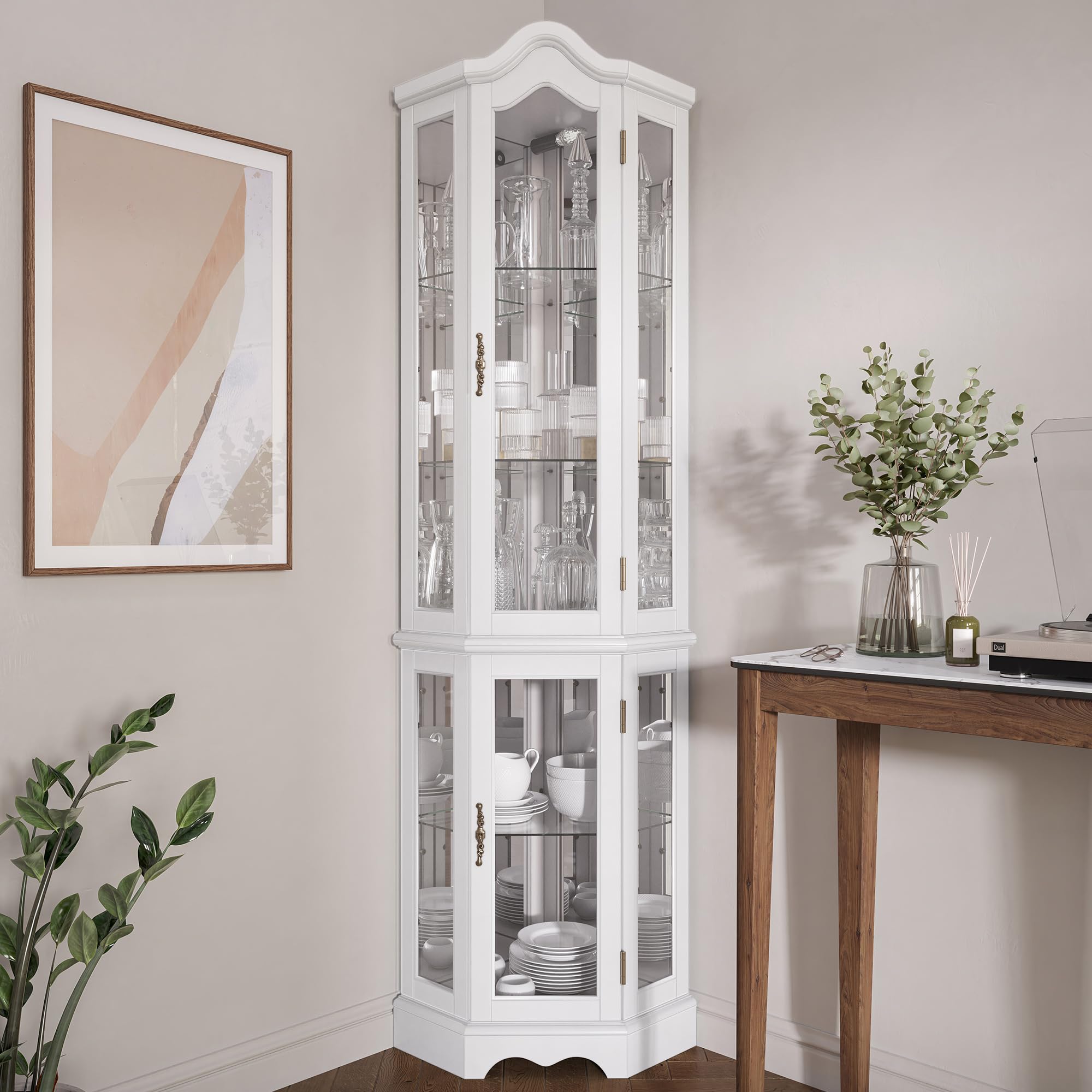 BELLEZE Lighted 3-Side Glass Display Curio Cabinet with Tempered Glass Doors & Shelves - Curved Wood Corner Cabinet with LED Bulbs - White Corner Storage Rack for Living Room, Dining Room & Office Decor