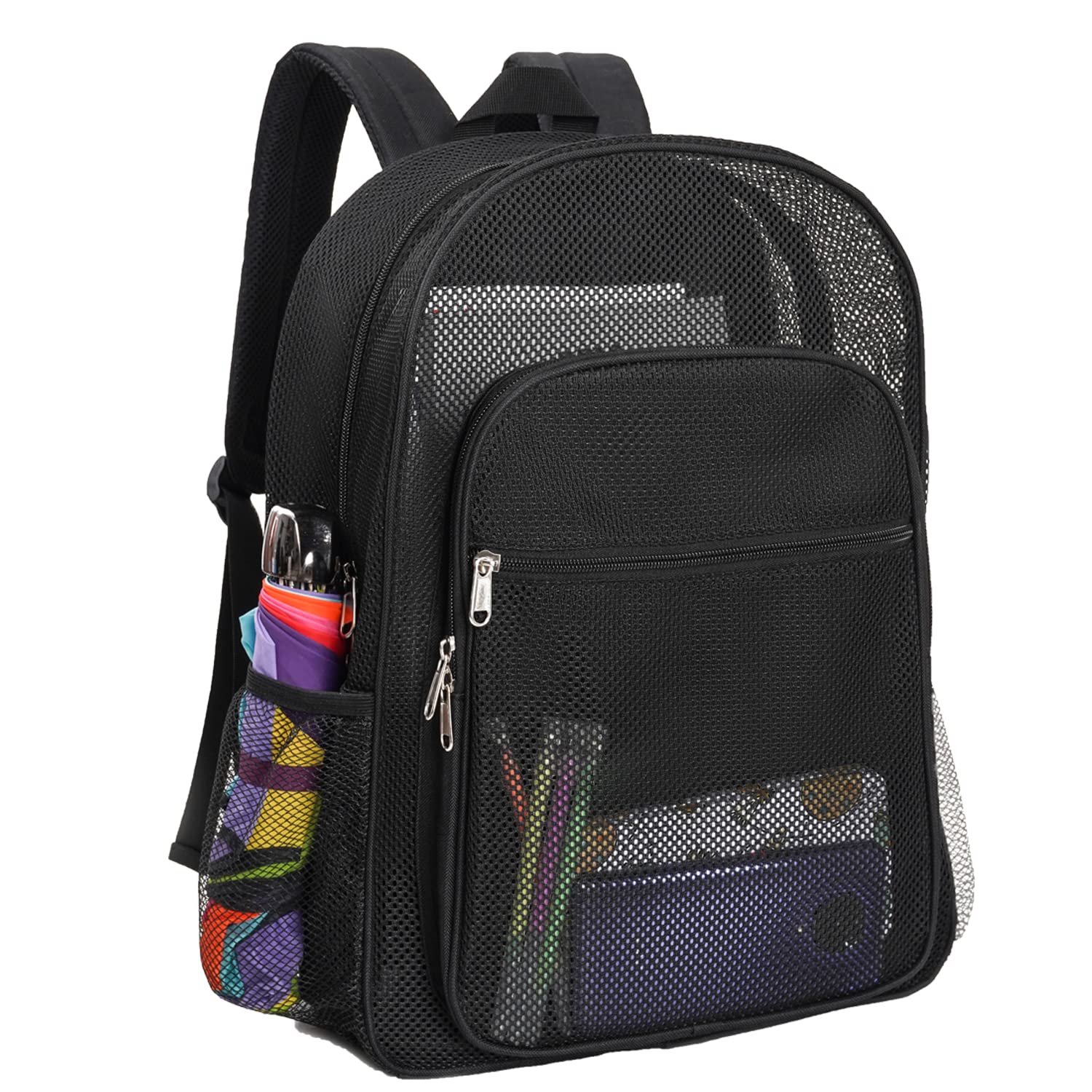 Transparent Mesh Backpack - Heavy Duty See Through Bookbag for School, Gym, Travel & Outdoor Activities | Water-Resistant Net Backpack for Swimming, Beach & Sports (Black)