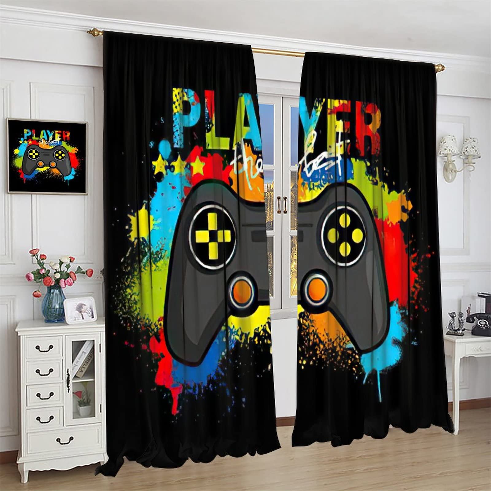 Colorful Game Joystick Gamer Window Curtain - Room Darkening Rod Pocket Blackout Curtain for Boys Girls Teens Bedroom (63x72 Inches) - Perfect for Gaming Rooms, Kids' Bedrooms & Man Caves