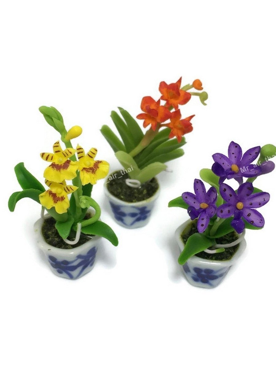 3-Piece Miniature Flower Clay Dollhouse Set - Tiny Ceramic Painted Fairy Garden Accessories with Artificial Orchid Plants #055 - Perfect for DIY Fairy Gardens, Dollhouse Decor, and Miniature Landscapes