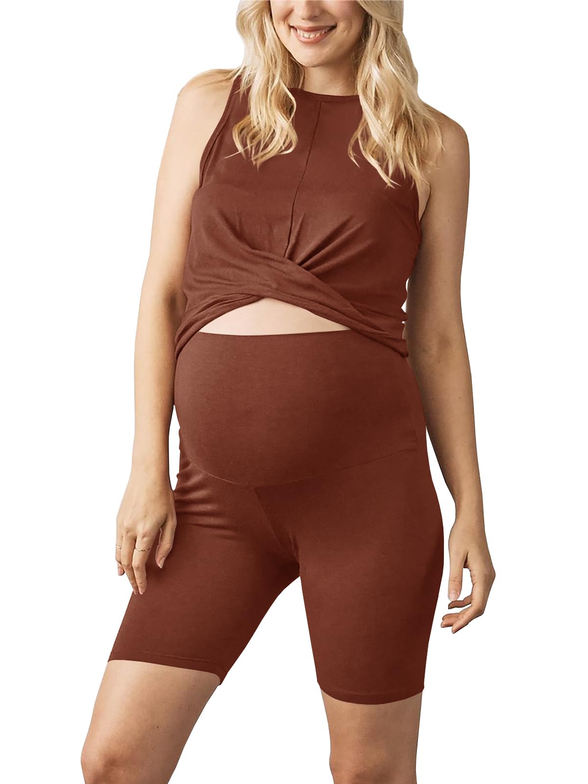 Tankaneo Women's Maternity 2-Piece Outfit - Summer Casual Tank Top & Workout Biker Shorts Set for Pregnancy Comfort & Active Lifestyle | Perfect for Yoga, Gym & Everyday Wear