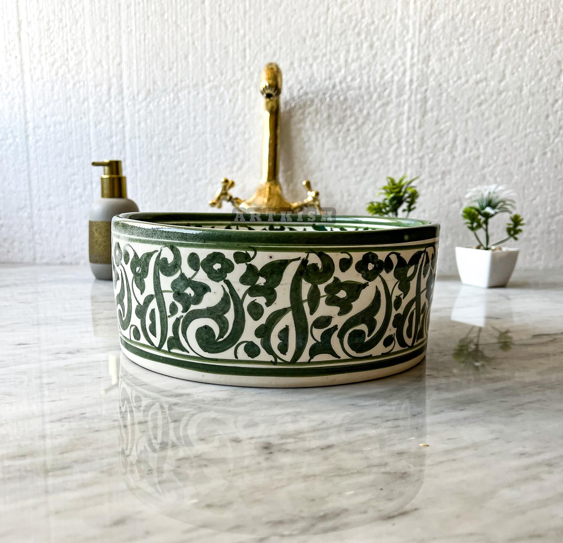 Handmade Ceramic Vessel Sink - 10 Inch Round Undermount Bathroom Sink with Moroccan Hand-Painted Design, Black Countertop Vanity Basin for Modern & Rustic Bathrooms, Salon Spa Washbasin