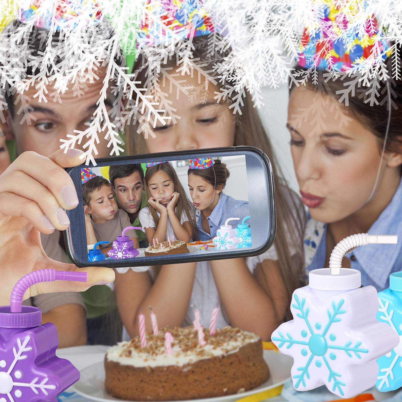 12 Pack Snowflake Themed Party Cups with Straws - 10 oz Plastic Winter Snowflake Cups for Baby Showers, Birthday Parties & Holiday Celebrations - Perfect for Christmas, Winter Wonderland & Snowflake Themed Events