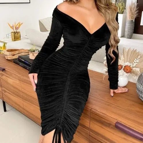 Zoe Velvet Off Shoulder Drawstring Ruched Bodycon Midi Dress for Women - Elegant Party, Date Night & Special Occasion Outfit