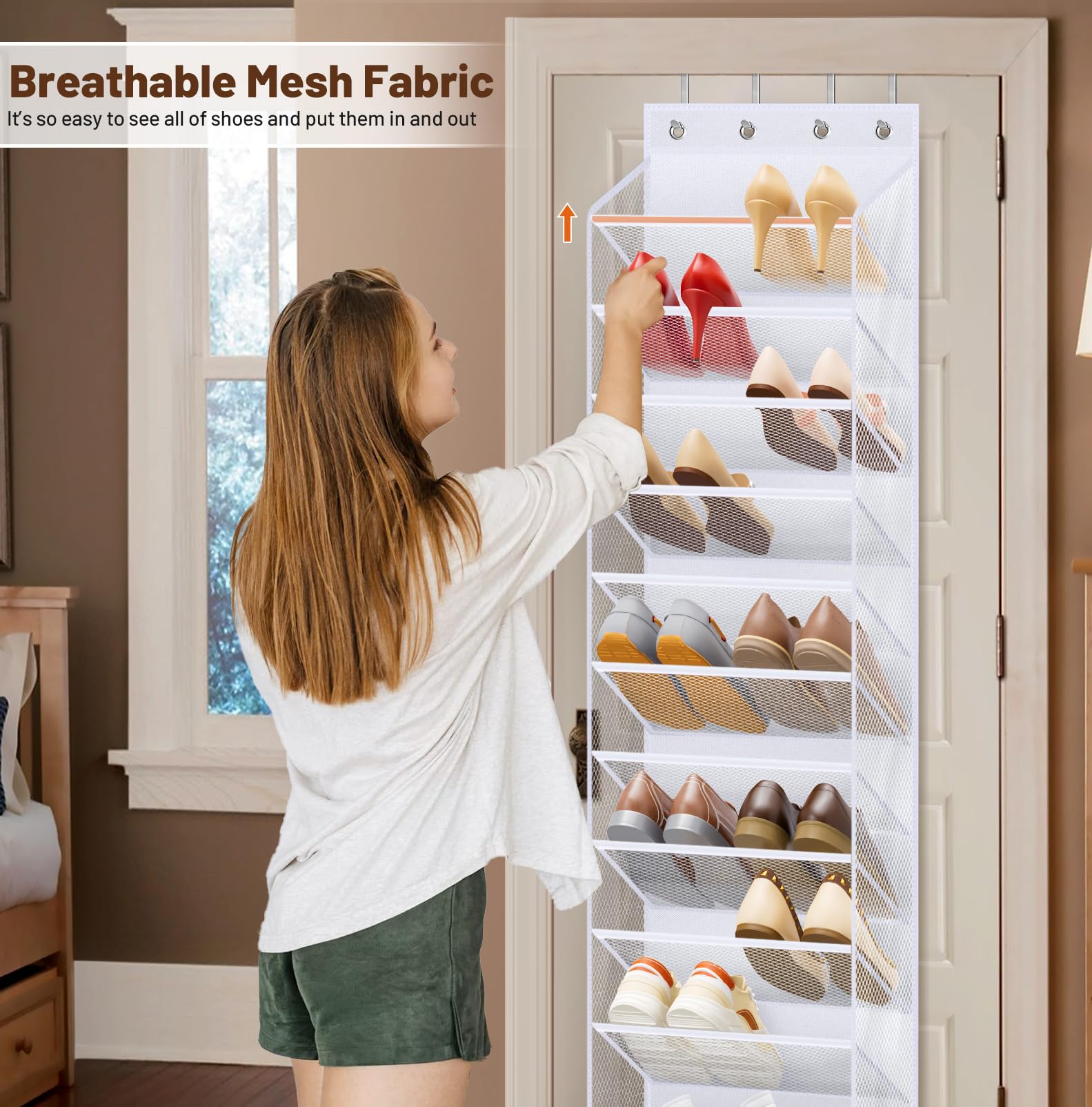 12-Tier Over The Door Shoe Organizer - Hanging Shoe Rack for Closet Storage - Holds 24 Pairs of Shoes Including Sneakers, Sandals, Heels & Boots - Space Saving Solution for Bedroom, Dorm & Entryway (White)