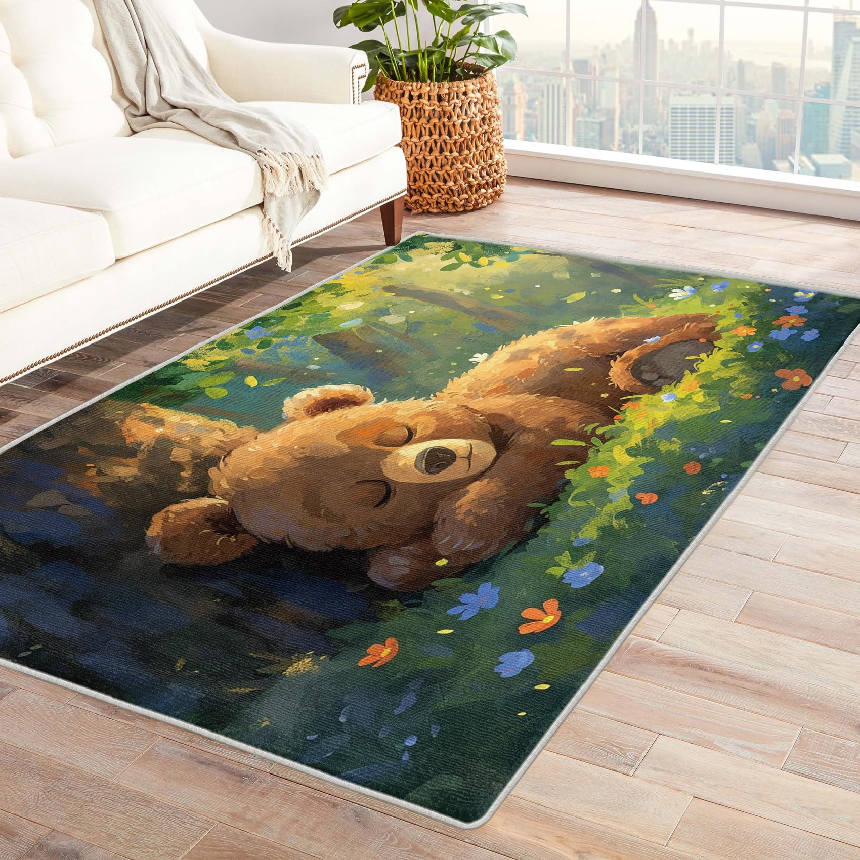 Cute Cartoon Woodland Bear Rug - Soft Non-Slip 6x8 Washable Low Pile Indoor Area Rug for Nursery, Living Room & Bedroom | Kids Forest Animal Carpet for Cozy Home Decor & Playroom Flooring