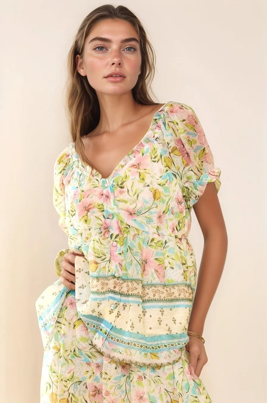 Floral Border Print Ruffled Textured Blouse - Women's Spring Fashion Top for Casual Outings & Date Nights