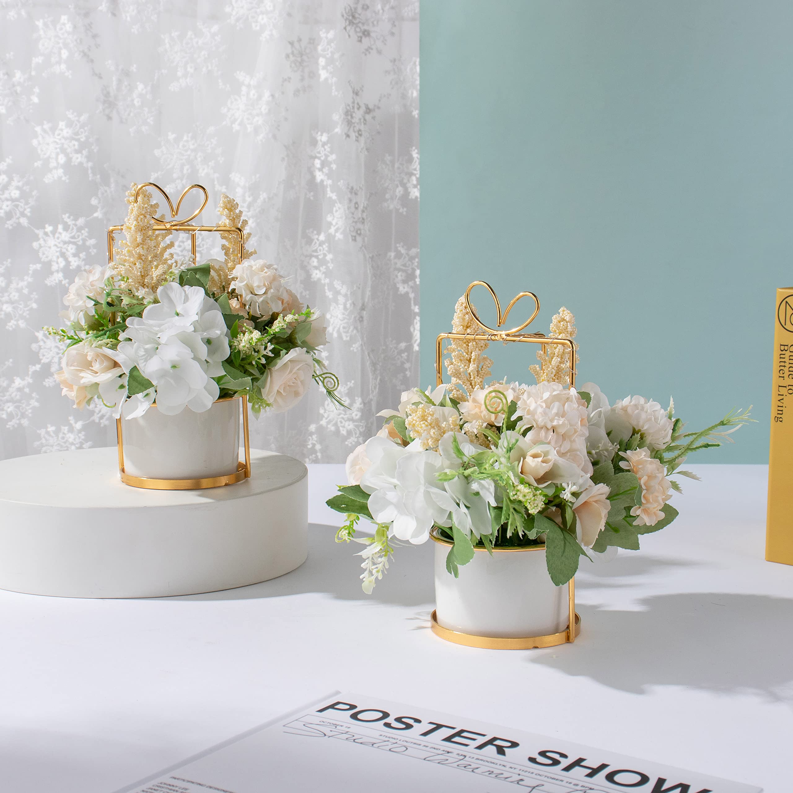 BEGONDIS Set of 2 LED Artificial White Flowers in Pots - Fake Hanging Potted Plants for Home, Living Room, Office & Party Decor - Perfect for Wedding Centerpieces, Table Decorations & Indoor Greenery