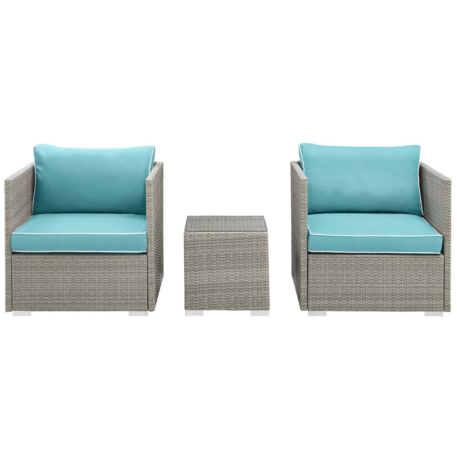 Modway Repose 3-Piece Wicker Rattan Outdoor Patio Furniture Set with Cushions - Light Gray & Turquoise - Perfect for Backyard, Poolside & Garden Relaxation