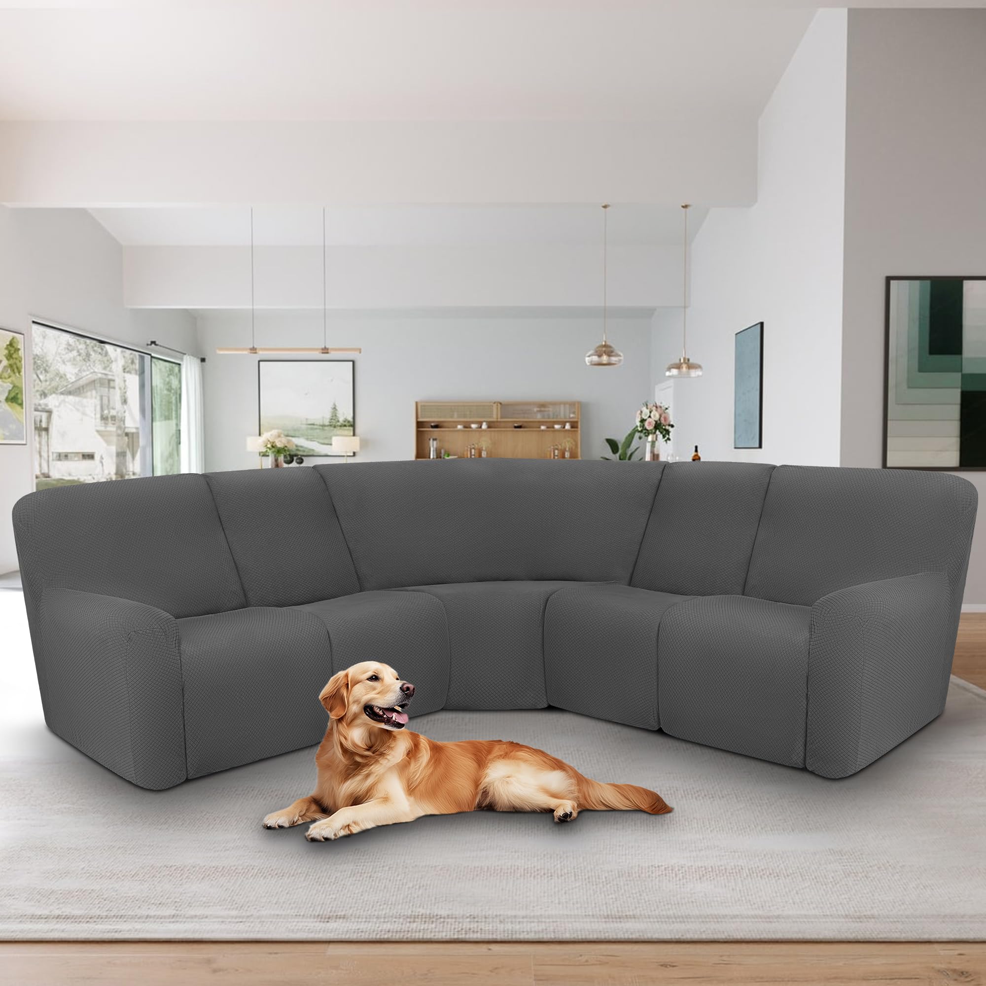 ALIECOM 100% Waterproof Recliner Sofa Cover - 5-Piece Jacquard Stretch Sectional Couch Slipcover for L-Shaped Reclining Furniture (Dark Gray) - Perfect for Living Room, Family Room & Home Theater Protection