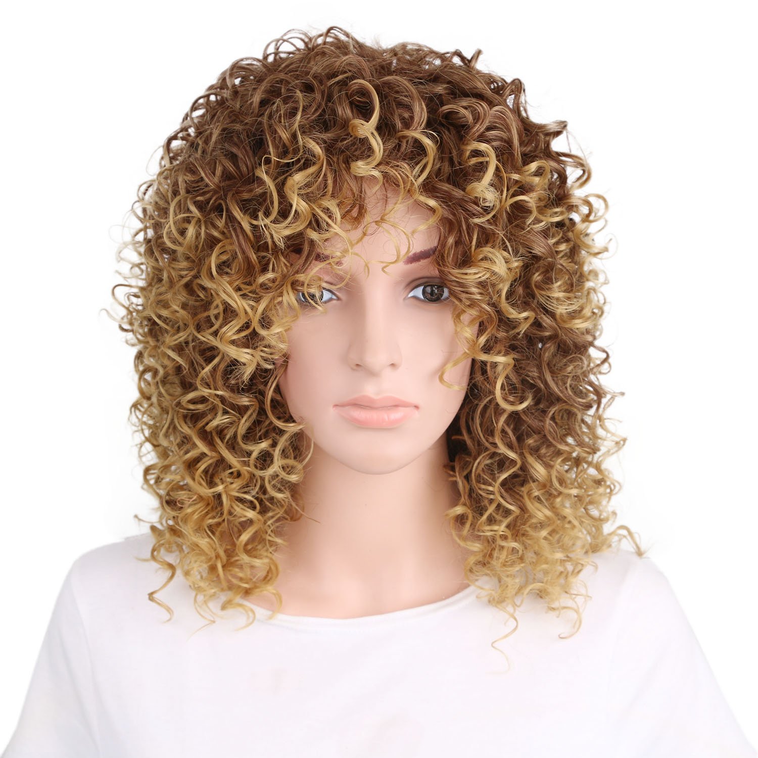 Short Kinky Curly Ombre Afro Wigs for Black Women - Synthetic Hair Wig with Wig Cap in Blonde & Brown Shades | Perfect for Cosplay, Halloween, and Daily Protective Styling
