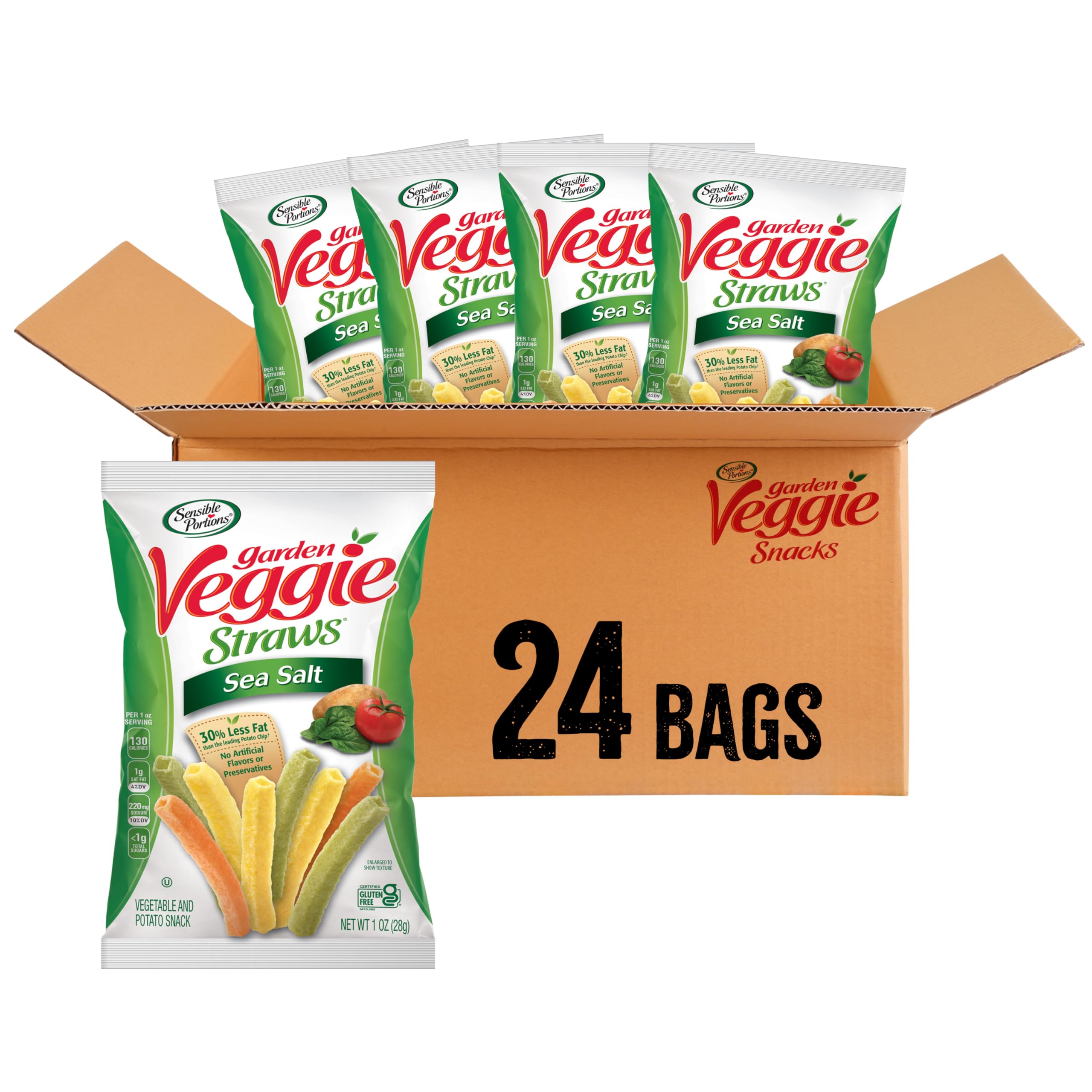 Sensible Portions Garden Veggie Straws - Sea Salt Snack Size (1 Oz, Pack of 24) | Healthy Vegan Gluten-Free Chips | Perfect for School Lunches, Parties & On-the-Go Snacking