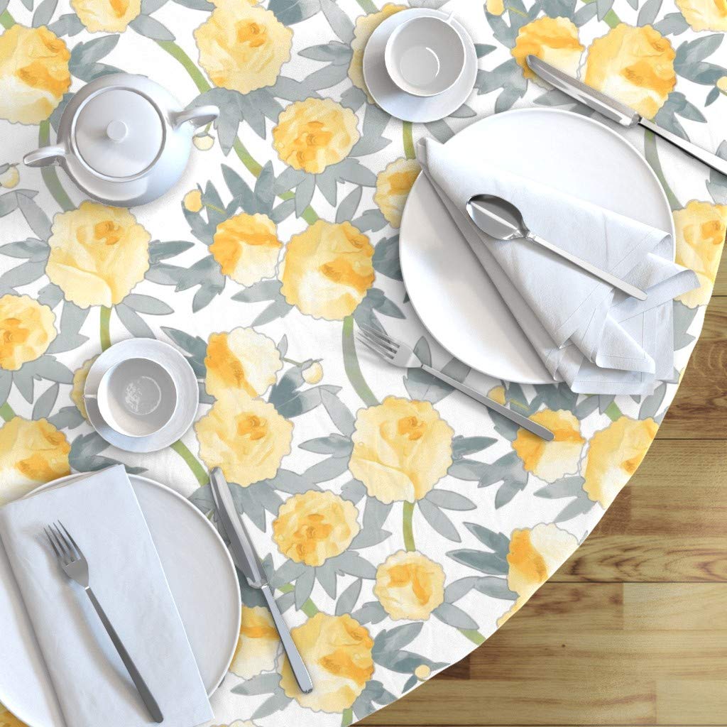 Custom Watercolor Yellow Peonies Floral Print Cotton Sateen Tablecloth - 70