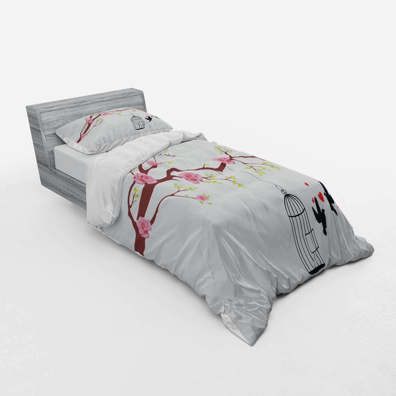 Ambesonne 3-Piece Birds Duvet Cover Set - Twin XL Size, Pink Brown White Floral Design with Blossomed Roses, Flying Love Birds, Hearts & Cage for Romantic Couple Bedroom Decor | Perfect for Valentine's Day, Anniversary Gifts & Master Bedroom Makeover