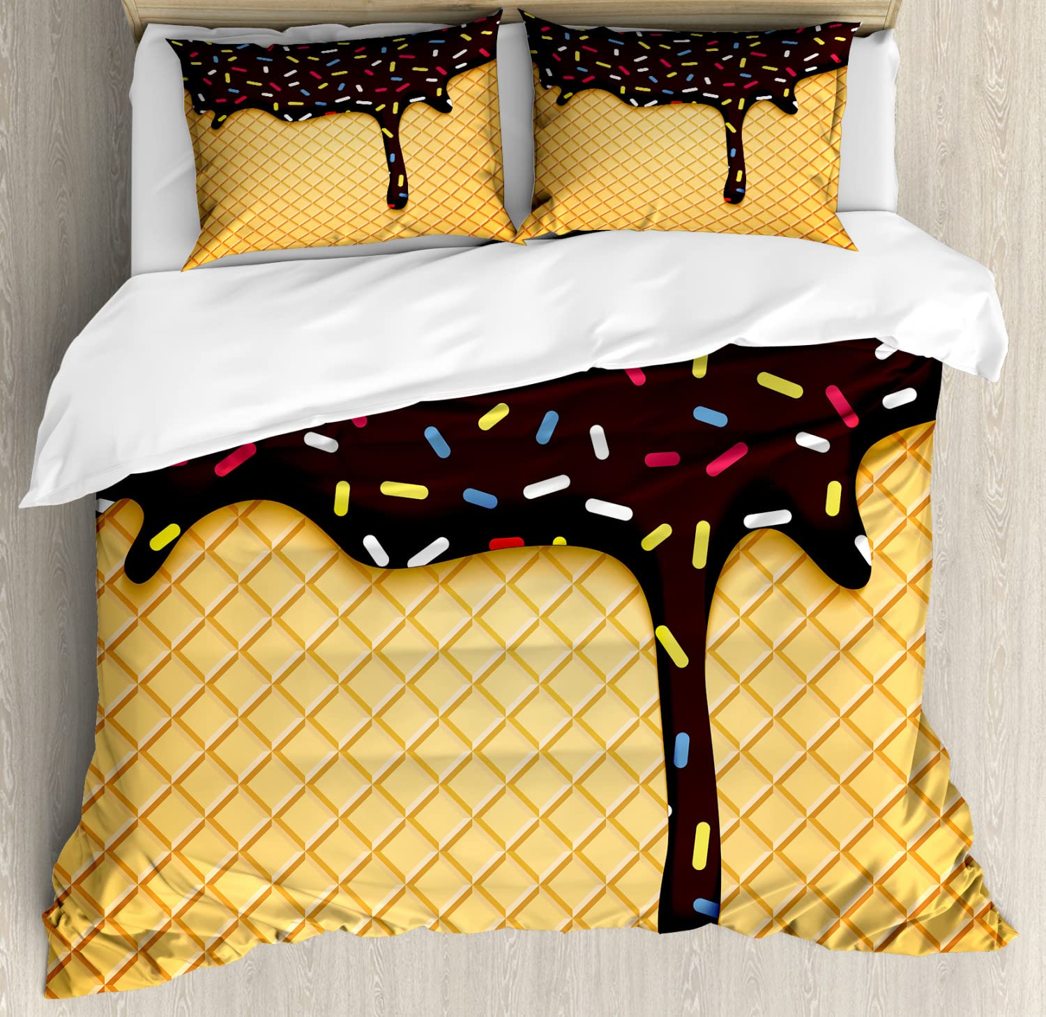 Ambesonne Ice Cream Duvet Cover Set - Queen Size 2-Pack with 2 Duvet Covers & 4 Pillowcases, Waffle Chocolate Flavor Dessert Design in Dark Brown Mustard | Soft Bedding for Sweet Dreams, Perfect for Kids' Rooms, Ice Cream Themed Bedrooms & Cozy Dessert Lovers