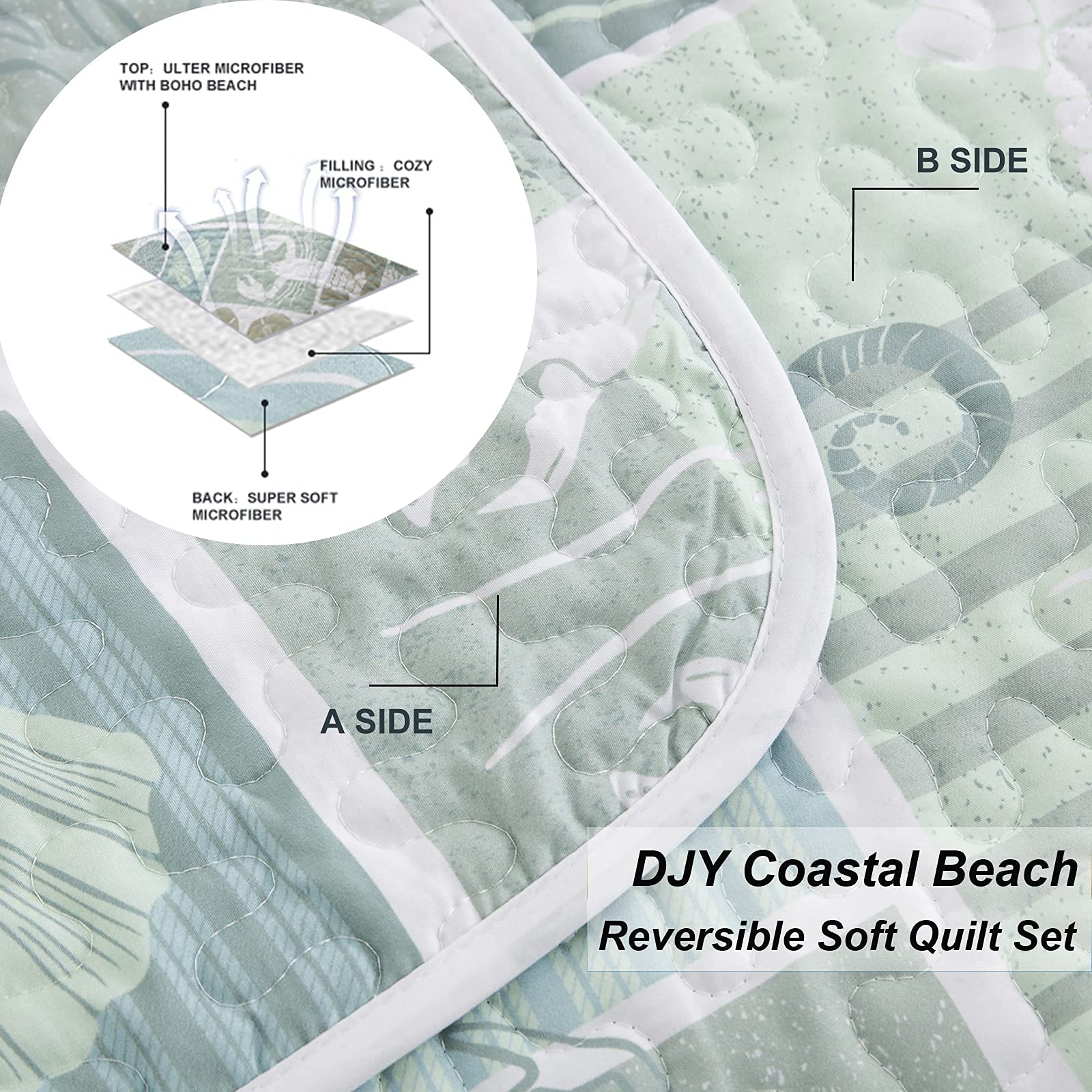DJY Green Quilt Set Queen Size - Soft Reversible Microfiber Coastal Beach Theme Bedspread with 2 Pillow Shams (3-Piece All Season Bedding, 90x96 Inches) - Perfect for Beach House, Guest Room & Coastal Decor