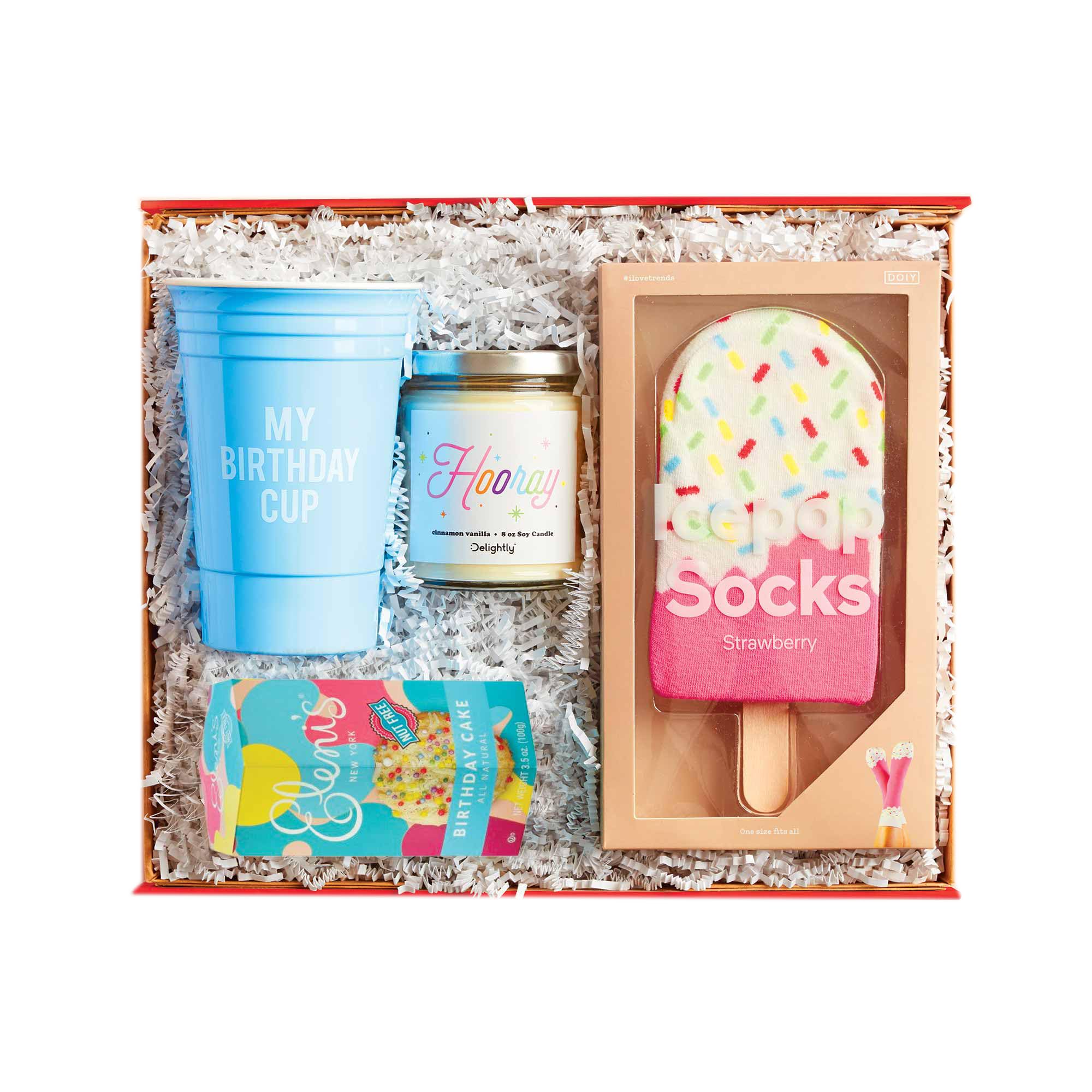 Delightly - Cue The Confetti Kit - Premium Birthday Gift Set with Party Cup, Candle, Chocolate Covered Pretzels & Fun Socks - Perfect Celebration Box for Birthdays, Anniversaries & Special Occasions - Great for Parties, Surprise Gifts & Festive Gatherings